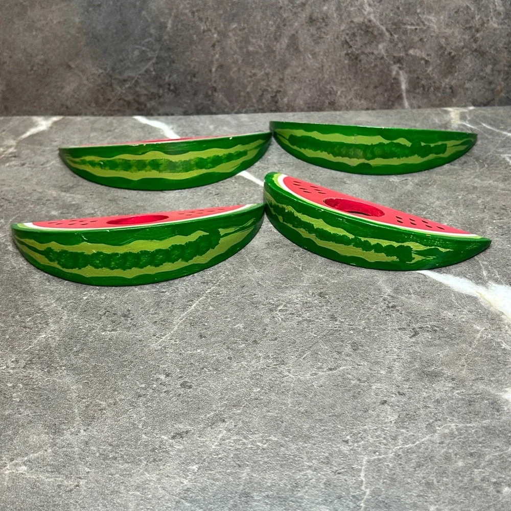Vintage Watermelon Wooden Napkin Rings Set of 4 Hand Painted Fruit Picnic Decor
